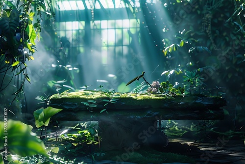 : A lush, overgrown greenhouse at night. Sunlight filters through the leaves of exotic plants, casting a magical, blurred light onto a moss-covered stone table. Perfect for showcasing 