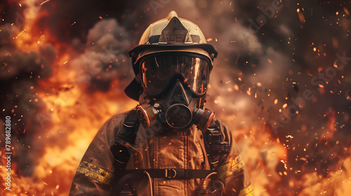 A firefighter in full gear, standing amidst the chaos of an intense fire scene with flames and smoke filling the background