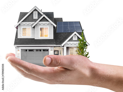 Hand png presenting solar-powered house  home loan campaign on transparent background