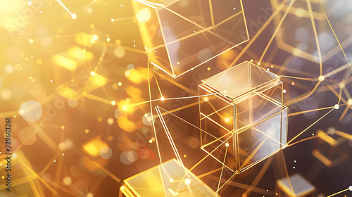 Abstract cubic structure with low poly tech and digital connections in gold. silver