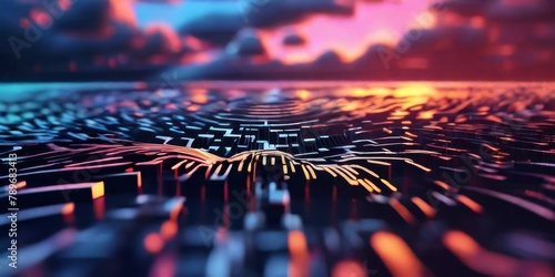 background Illustration of digital circuit patterns illuminated by neon lights, in cyberpunk illustrative style photo