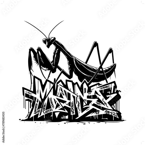 Mantis silhouette, animal graffiti tag, hip hop, street art typography illustration.