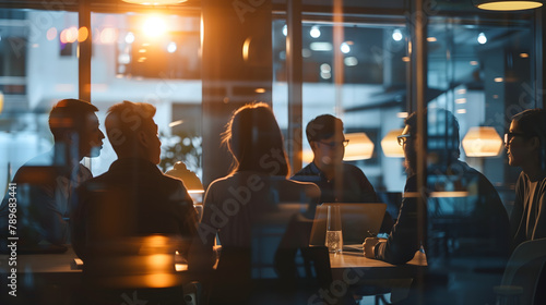  group of business people are in an office meeting with window light and dark bokeh effects creating a cinematic backlit night time scene through the glass walls