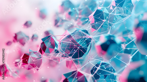 Abstract hexagonal surface with low poly tech and digital connections in pink. cyan
