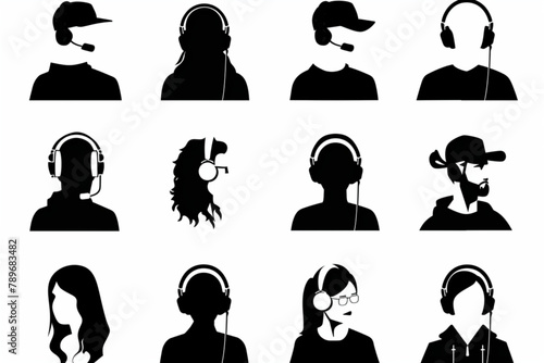 Podcast or radio show. The broadcast of the program on the internet or on the radio. The host has a guest in the studio 3D avatars set vector icon, white background, black colour icon