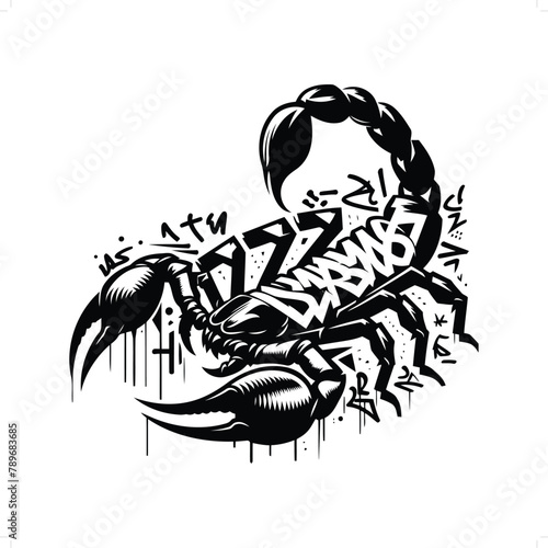 scorpion silhouette, animal graffiti tag, hip hop, street art typography illustration.