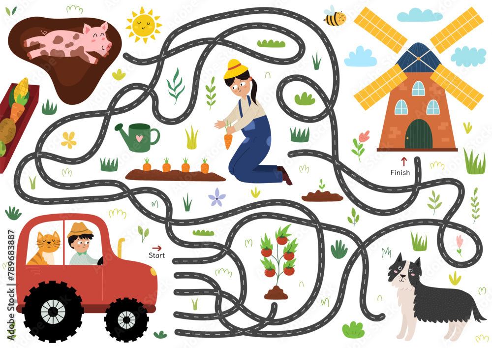 Help the farmer and the cat to drive on the tractor to the windmill. Farm maze activity for kids. Mini game for school and preschool. Vector illustration