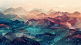 Abstract triangular landscape with low poly tech and digital connections in teal. magenta