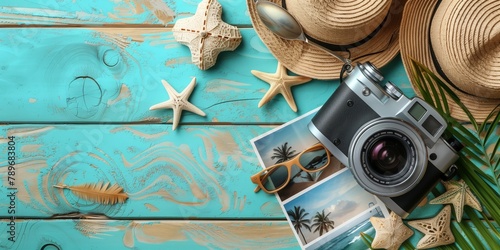 Summertime travel essentials flat lay: Overhead view of travel items laid out on a turquoise wooden background