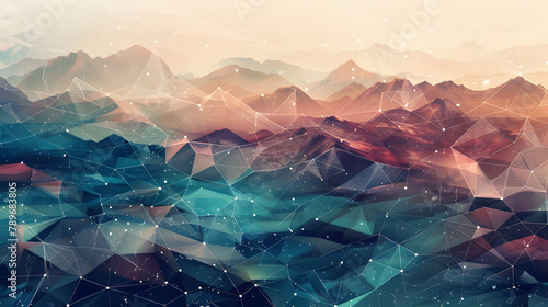 Abstract triangular landscape with low poly tech and digital connections in teal. magenta