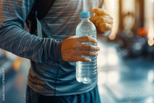 An unrecognizable young man in sportswear at the gym and his hand a water bottle, a young gymnastic man with a water bottle, drinking water at the gym, a man with water bottle, gym, drinking water gym photo