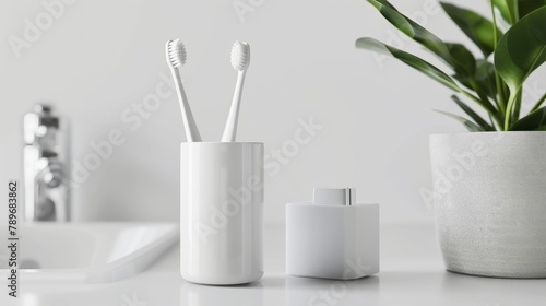 Blank mockup of a toothbrush holder with a builtin toothpaste dispenser. .