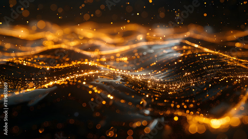 Abstract view with shimmering bronze and platinum light tracks on a copper terrain. Edge computing. fuzzy logic idea. Shiny light threads drifting in the cosmos. Dark background with radiant lights. 