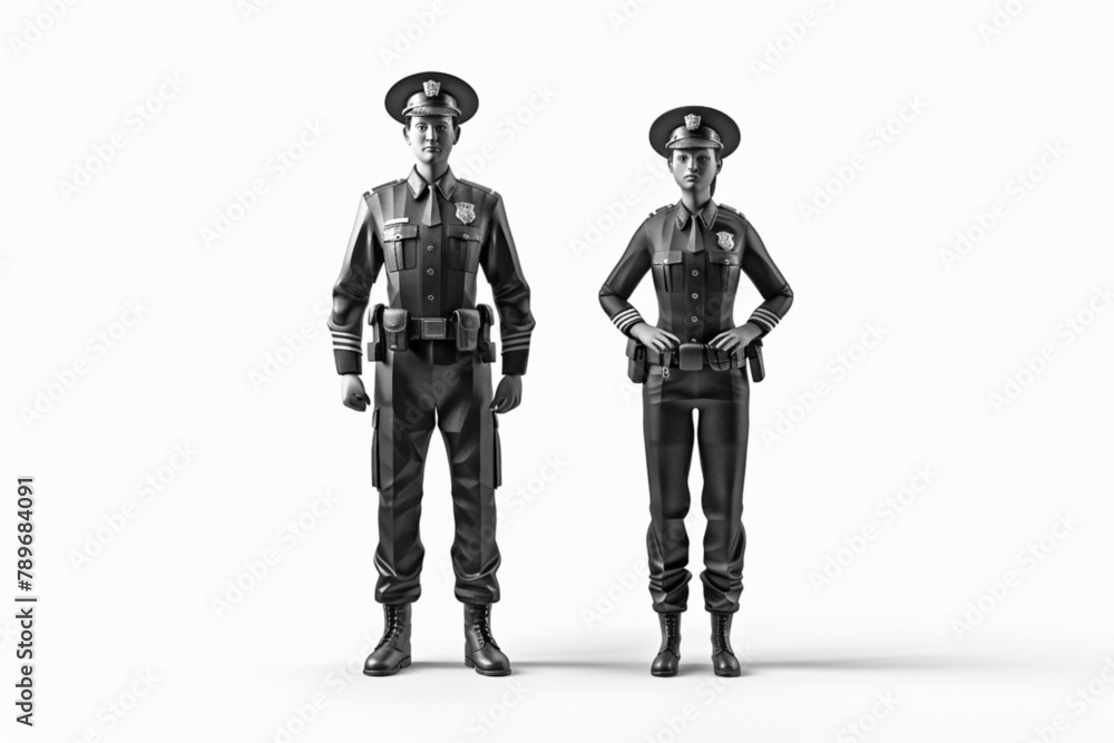 Police officers, a man and a woman in uniform stand on a white background. Keepers of order, investigation of crimes 3D avatars set vector icon, white background, black colour icon