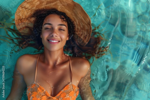 Joyful woman relaxes in a sunlit swimming pool, embodying the ultimate summertime leisure experience: serene summer vacation bliss. Girl sunbathing and smiling by the tropical water enjoying leisure 