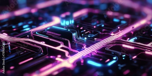 background Illustration of digital circuit patterns illuminated by neon lights  in cyberpunk illustrative style photo