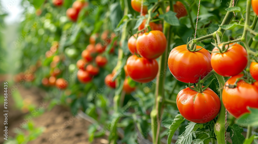 Tomatoes growing on vines in an organic farm, with a blurred background