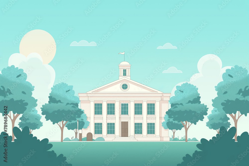 Tranquil, minimalist illustration of a classic courthouse amidst greenery and a pastel sky Tranquil, minimalist illustration of a classic courthouse amidst greenery and a pastel sky