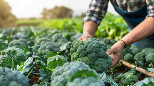 A farmer harvesting broccoli in the vegetable garden, close up on hands picking green broccoli from the ground at a plantation