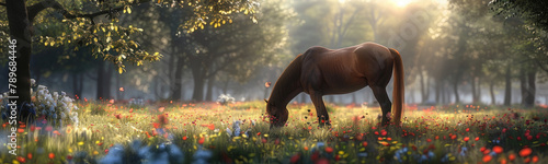 A horse peacefully grazing in a field filled with colorful flowers photo