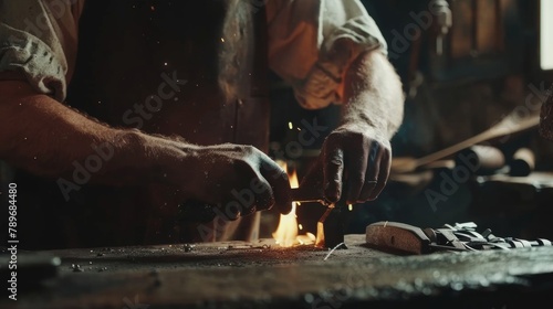 In a traditional blacksmith shop the master craftsman works tirelessly to shape the metal into a practical tool his skilled hands and focused expression showing his expertise in his . photo