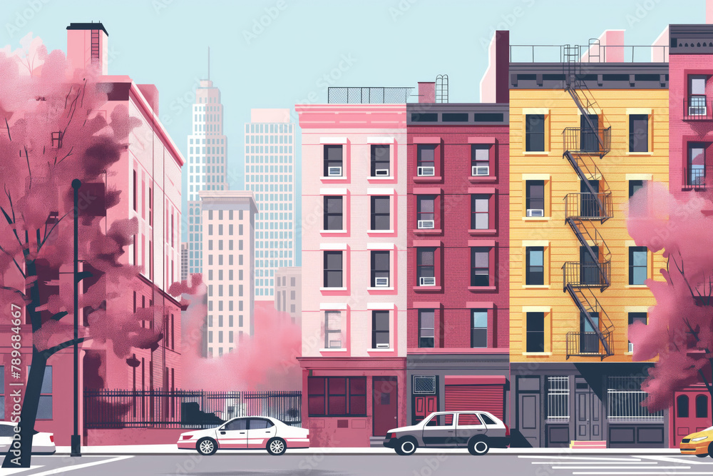 Obraz premium Serene and peaceful pastel downtown cityscape illustration with minimalist design and colorful buildings