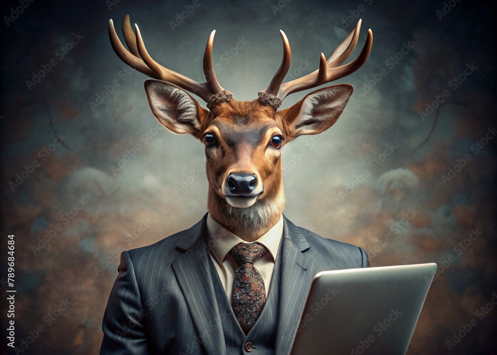 Business concept. Hyper realistic animal character Deer, adult, in a ...