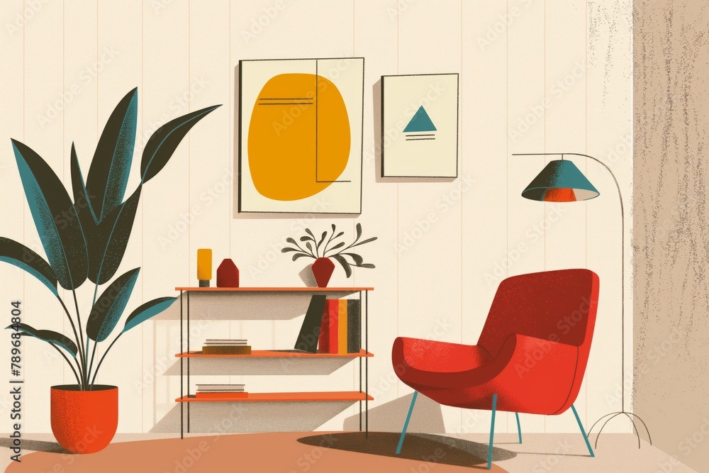 Naklejka premium Artistic illustration of a cozy minimalist living room with stylish furniture and decor