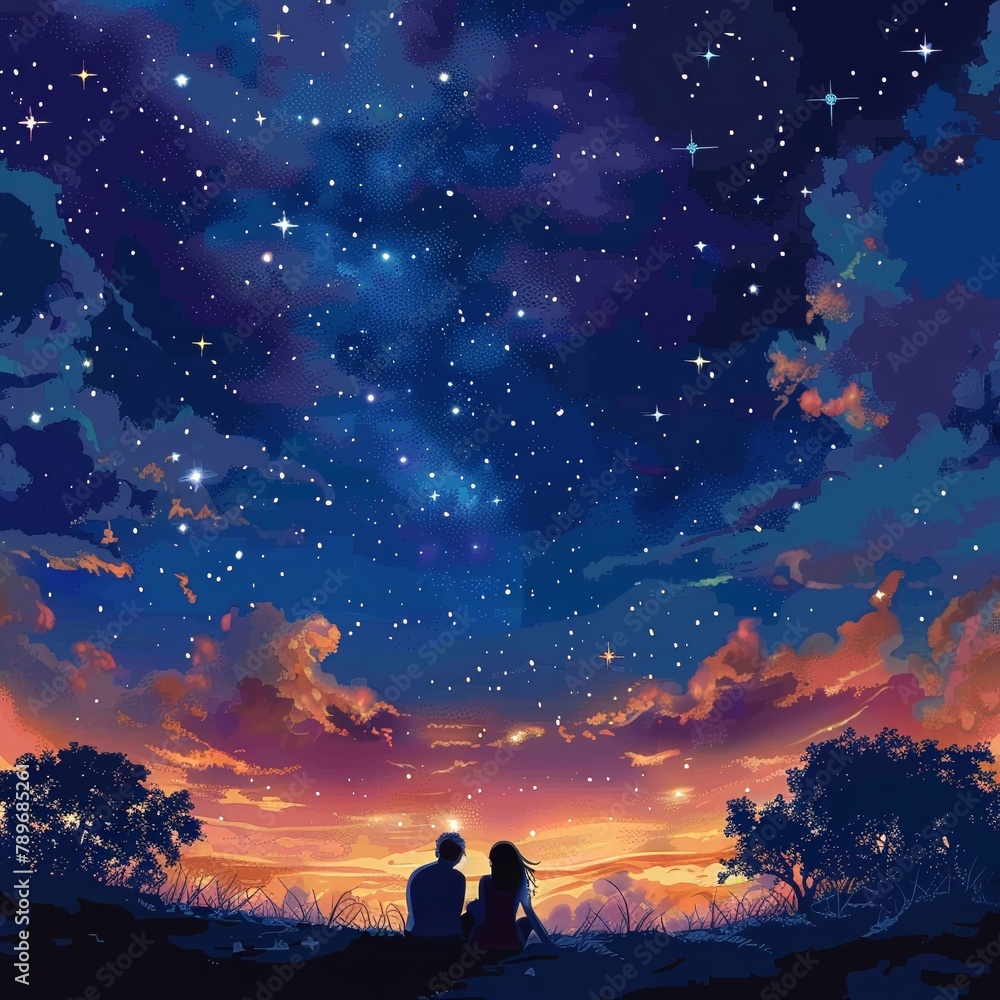 Fototapeta premium Create a beautiful scene of two lovers stargazing together in the night sky