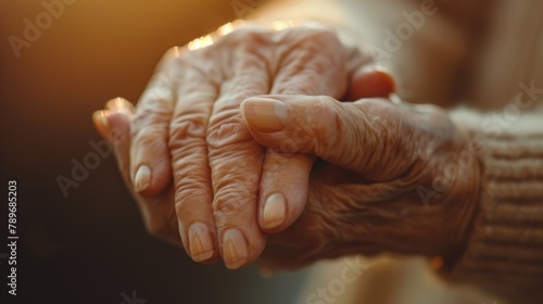 An older woman's hands are clasped together in a prayer position, AI