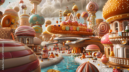 An innovative sweetmeat factory with complex villas made of caramel and Thanksgiving turkeys made of candy. A hovercraft fashioned from Swiss chocolate is the main conveyance system inside