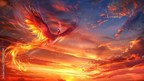 Craft an ethereal image of a phoenix soaring through a vibrant sunset sky, leaving a trail of fiery feathers in its wake