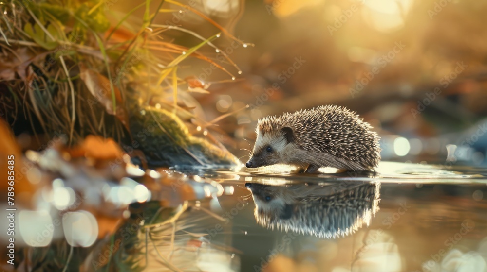 Fototapeta premium Hedgehog crossing a stream, his reflection can be seen in the water, nature background, side view, copy and text space, 16:9