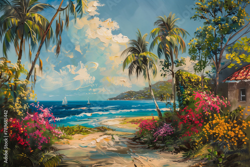 Caribbean landscape, summer time, painting
