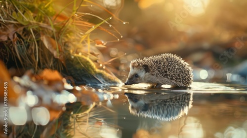 Hedgehog crossing a stream, his reflection can be seen in the water, nature background, side view, copy and text space, 16:9
