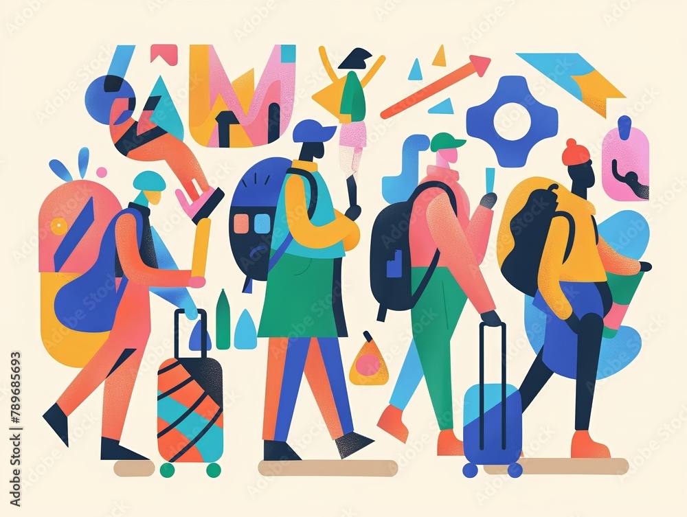 Use abstract shapes and colors to represent the hustle and bustle of navigating daily tasks