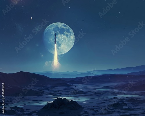 Show a serene moonlit landscape with a spaceship launching into the unknown depths of space