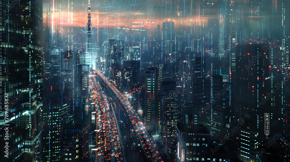 An urban horizon at twilight with high-rises and crowded roads. interconnected by luminous data links that construct a detailed matrix of tech and creativity