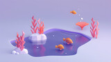 An underwater scene with fish swimming around. 3D isometric style