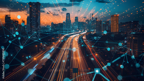 An urban horizon at twilight with high-rises and crowded roads. interconnected by luminous data links that construct a detailed matrix of tech and creativity photo