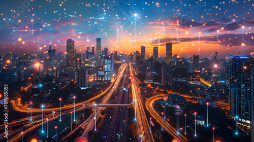 An urban horizon at twilight with high-rises and crowded roads. interconnected by luminous data links that construct a detailed matrix of tech and creativity