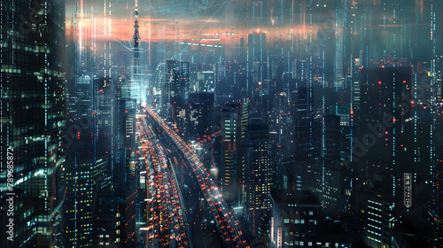 An urban horizon at twilight with high-rises and crowded roads. interconnected by luminous data links that construct a detailed matrix of tech and creativity