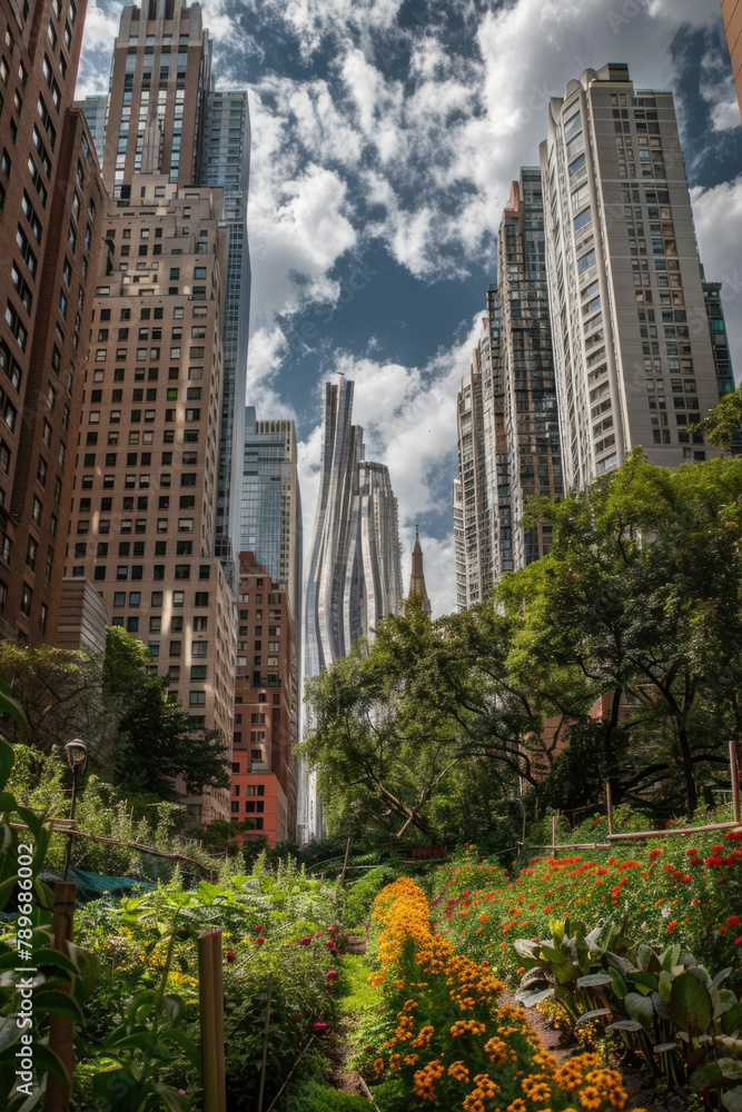 A view of a park with tall buildings towering in the background, showcasing the urban landscape merging with greenery A view of a park with tall buildings towering in the background, showcasing the urban landscape merging with greenery