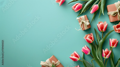 Beautiful tulips and gift boxes on a turquoise background with copy space for text. depicting a Happy Mother's Day concept. Shown in a flat lay style from a top view #789686021