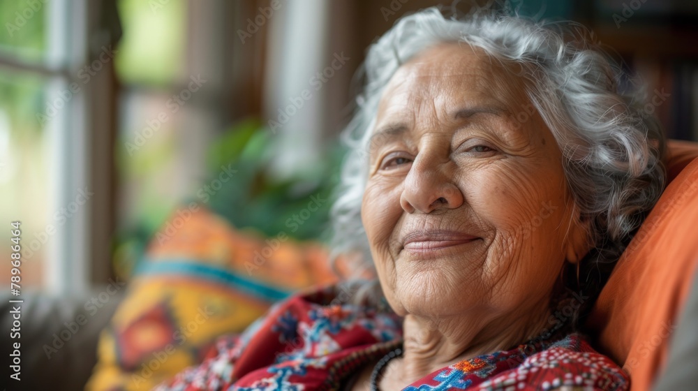An older woman is sitting on a couch and smiling, AI An older woman is sitting on a couch and smiling, AI
