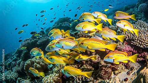 A school of colorful fish swimming among coral reefs, their vibrant hues creating a mesmerizing spectacle beneath the crystal-clear waters.