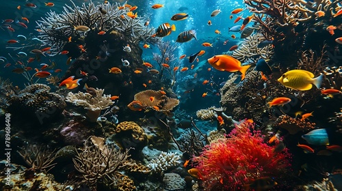A school of colorful fish swimming among coral reefs  their vibrant hues creating a mesmerizing spectacle beneath the crystal-clear waters.