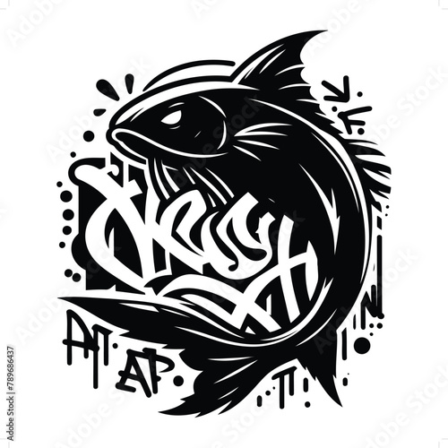 Catfish silhouette, animal graffiti tag, hip hop, street art typography illustration.