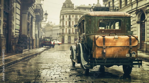 An old-fashioned car is parked on the side of the street, showcasing its classic design