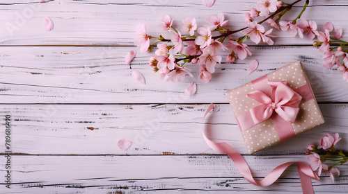 Cherry blossoms and gift box on white wooden background. flat lay top view